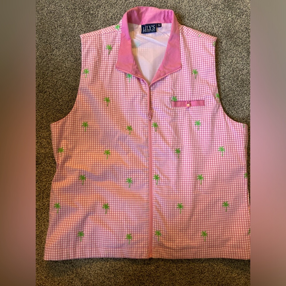 VTG Lilys of Beverely Hills women’s vest sz M pink gingham w palm tree zip front